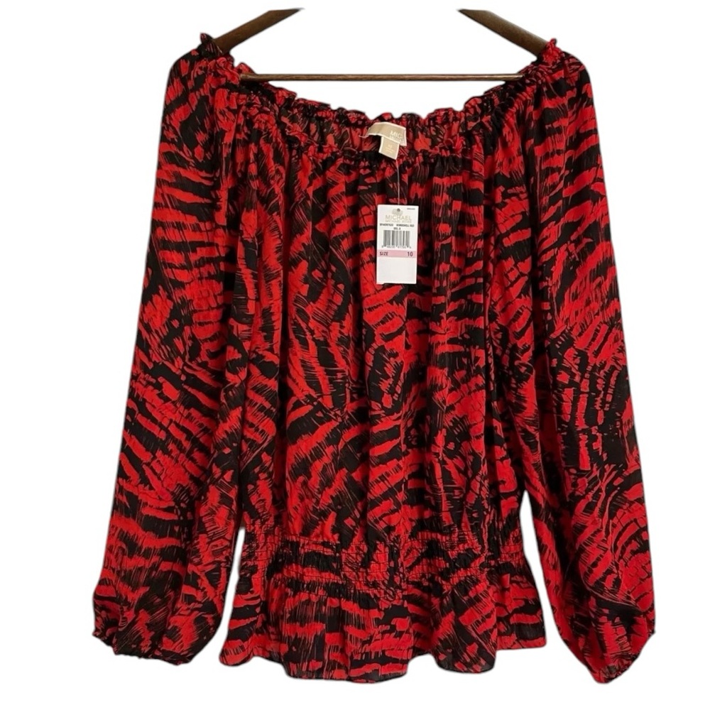 Michael Kors Smocked Waist Top Women 10 Red Black SF44D670ZU